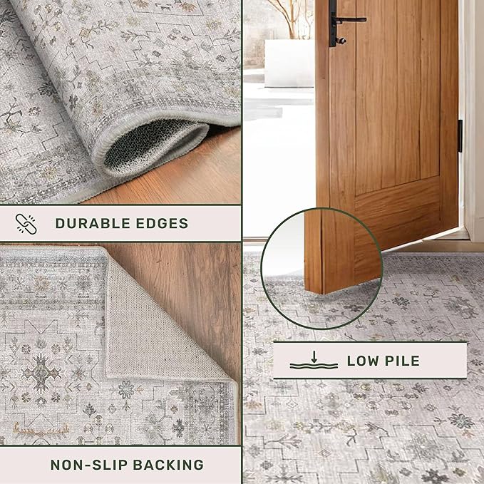 Boho Light Grey Living Room Rug 7x10 - Modern Vintage Eclectic Floral Pastel Neutral Taupe, Washable Low Pile Non-Slip Large Area Rugs for Dining Under Table Bedroom Lounge