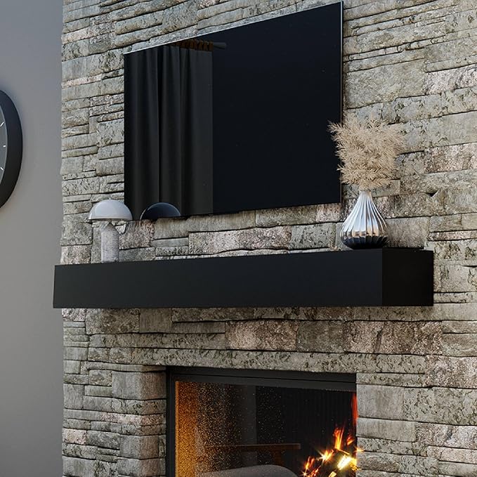 66" Floating Mantel Shelf - Modern White Fireplace Mantel with Matte Lacquer Finish for Living Room Elegance (66", Black)