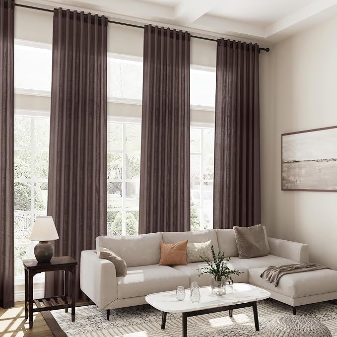 Coffee Linen Semi Sheer Curtains 120 Inches Long 2 Panels Set Back Tab Loop - Image 7
