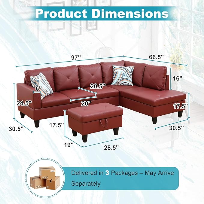 97" Oversized Sectional Couch, L Shaped Couch with Storage Ottoman, Modern Modular Sofa with Deep Seat, Sectional Couches for Living Room and Office, Red (Faux Leather)