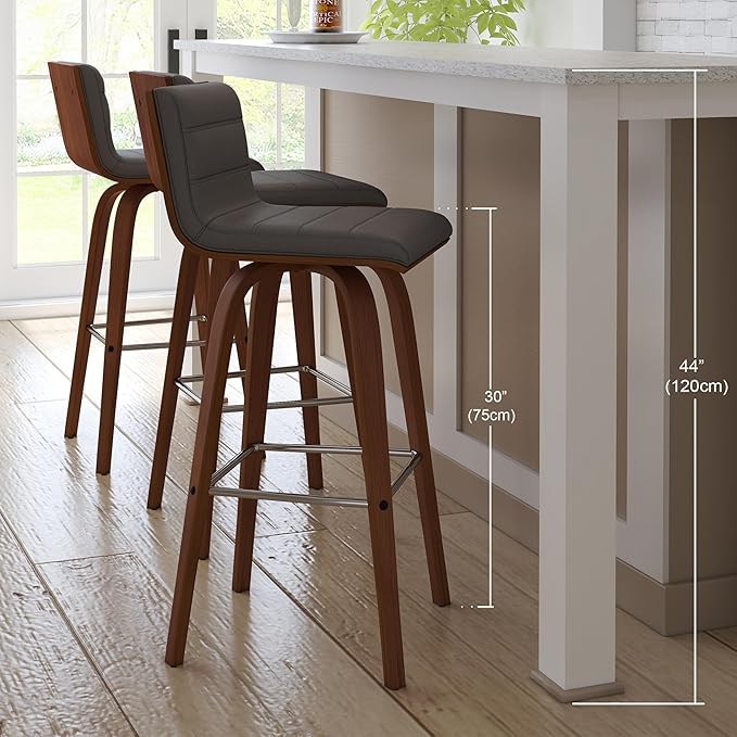 Vienna 30" Swivel Bar Stool in Walnut Wood Finish with Gray Faux Leather - Set of 4