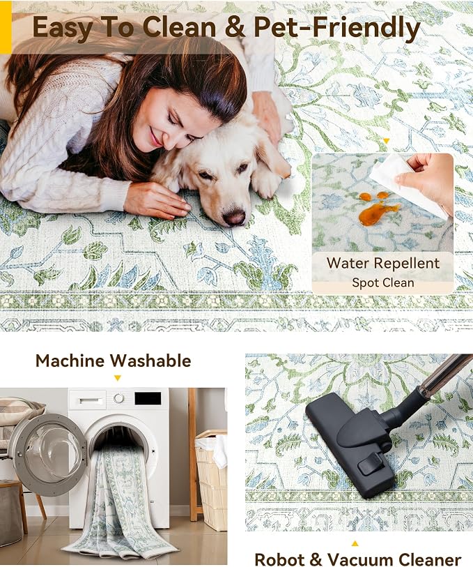 Area Rugs 8'x10' Washable Non-Slip, Floral Vintage Distress Print Pattern - Image 5