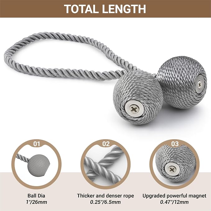 Hion Magnetic Curtain Tiebacks Grey 2pcs, Curtain Tiebacks Buckles Holdbacks - Image 2