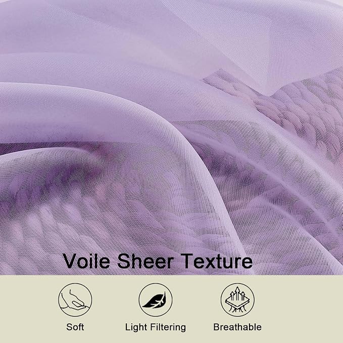 Lavender Sheer Curtain for Bedroom Living Room 78 Inches Long 2 Panels Set - Image 3
