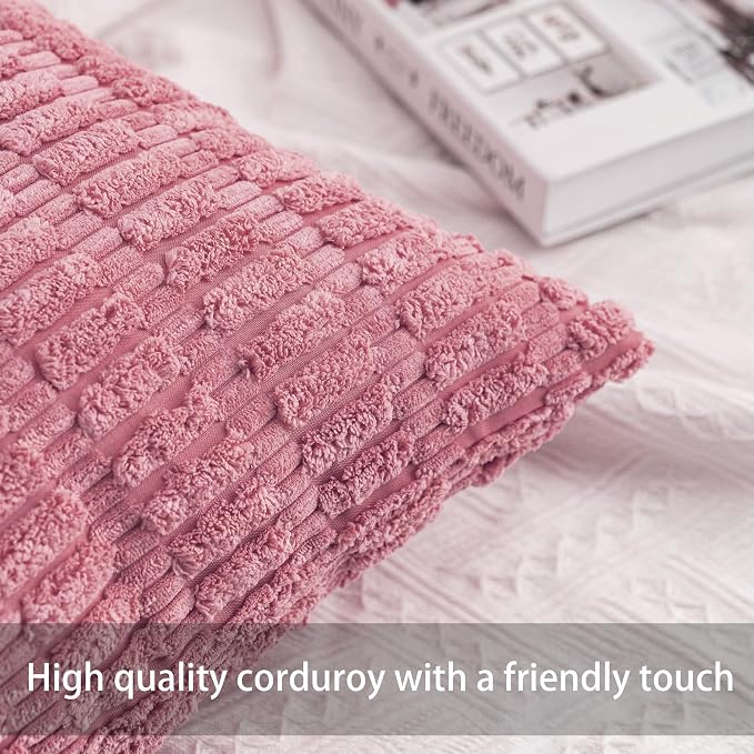 Pack of 2 Corduroy Decorative Throw Pillow Covers 18x18 Inch Soft Striped - Image 2