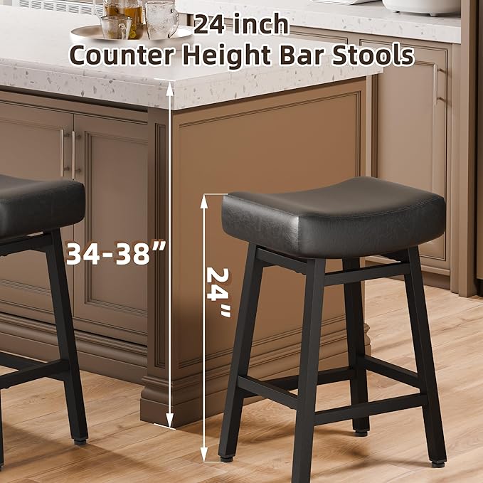 Counter Height Bar Stools Set of 6, 24 Inch Backless BarStools for Kitchen Island Leather Saddle Bar Chairs Kitchen Stools with 4" Thick Seats & Heavy Duty Metal Base, Black