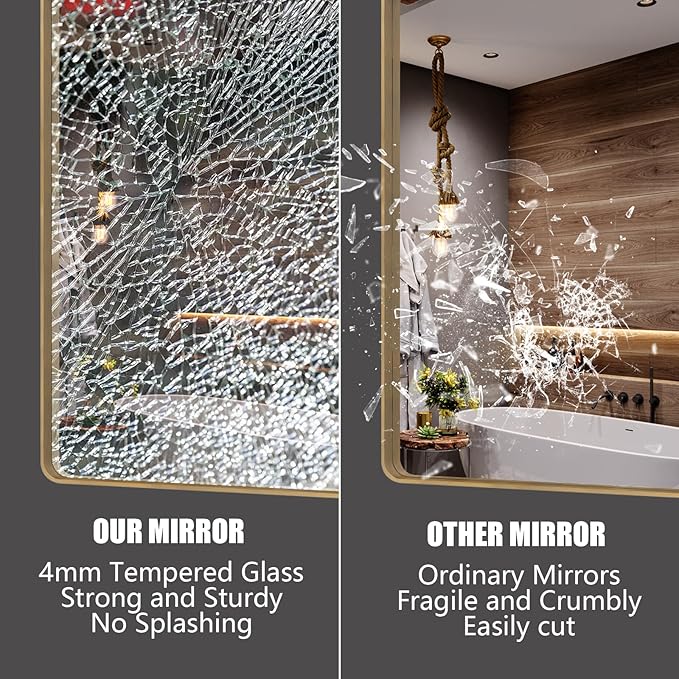 72x36 Inch Gold Bathroom Mirror for Wall, Large Brushed Gold Framed Mirror, Large Rectangle Vanity Mirror, Rounded Corner, Shatterproof, Anti-Rust (Horizontal/Vertical)