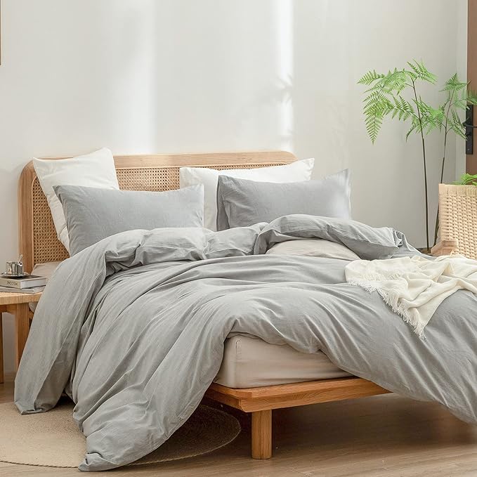 BESTOUCH Duvet Cover Set 100% Washed Cotton Linen Feel Super Soft Comfortable Chic Lightweight 3 PCs Home Bedding Set Solid Light Grey Oversized Queen