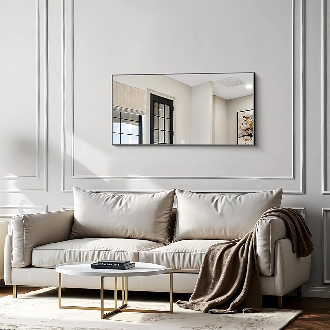 24x48 Inch Large Black Mirror for Bathroom, Black Framed Bathroom Mirror, Bathroom Mirror for Wall Over Sink, Rectangle Wall Mirror for Living Room, Bedroom, Bathroom, Hangs Horizontally or Vertically