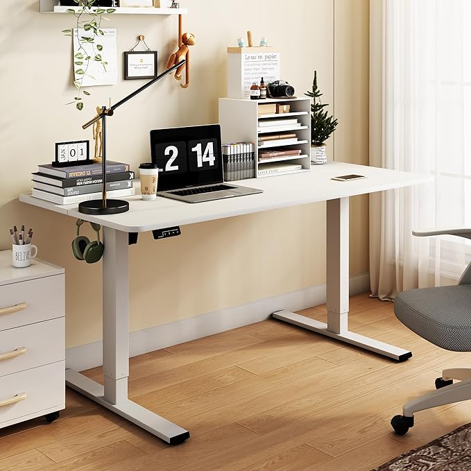 Electric Standing Desk Adjustable Height, 48x24 Inches Sit Stand up Desktop for Home Office, Ergonomic Rising Computer Table with Memory Preset, White