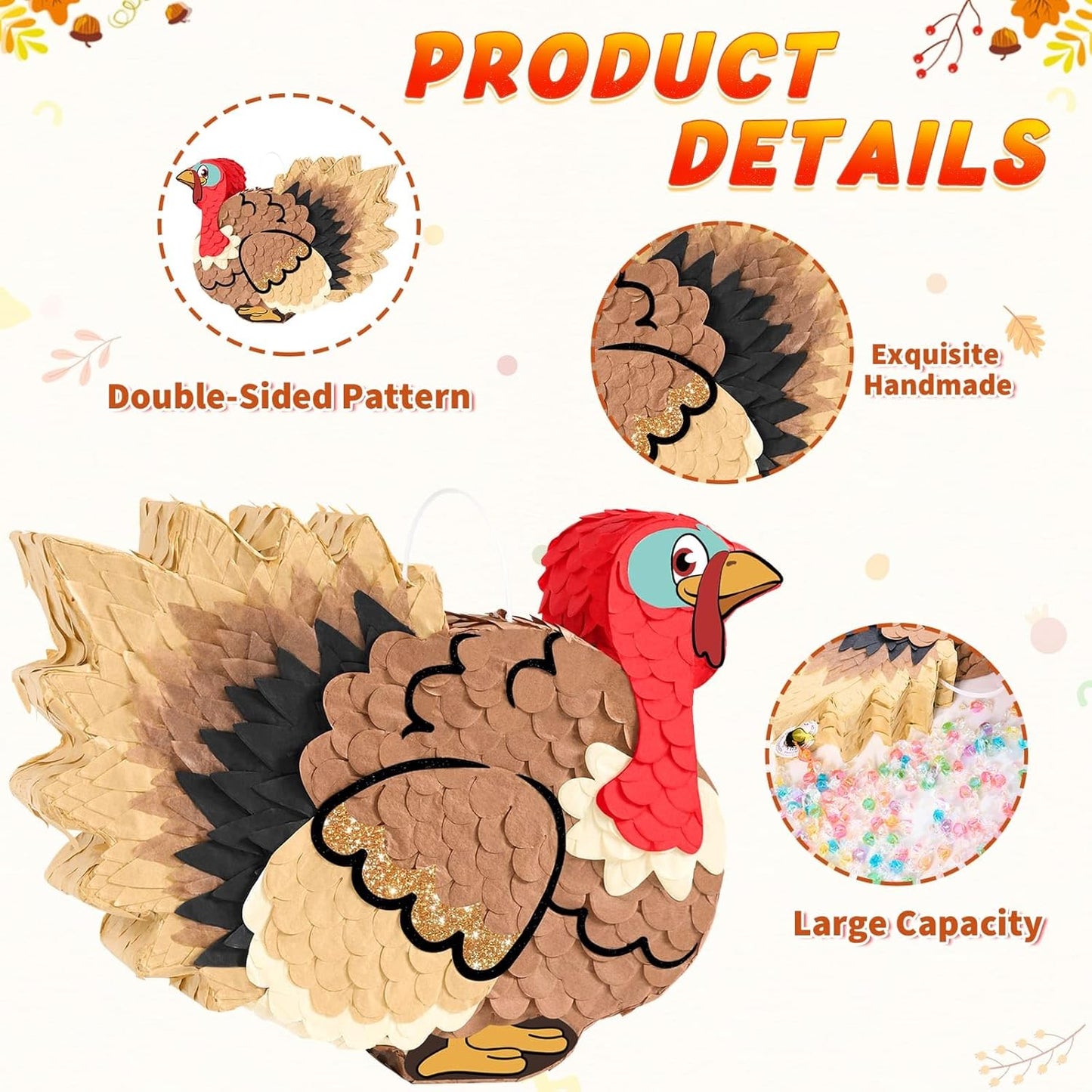 WERNNSAI Thanksgiving Turkey Pinata - Fall Autumn Decorations Wild Turkey Brown Pinata Thanksgiving Party Games for Family Fall Festival Decor Party Favors with Blindfold