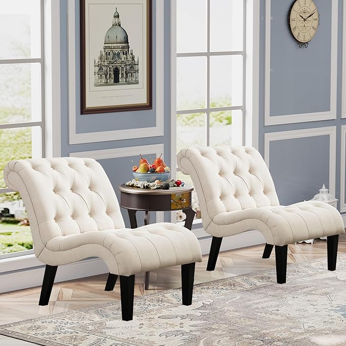 Yongqiang Accent Chairs for Living Room Set of 2 Upholstered Tufted Bedroom Chairs Curved Armless Side Chairs with Wood Legs Linen Fabric