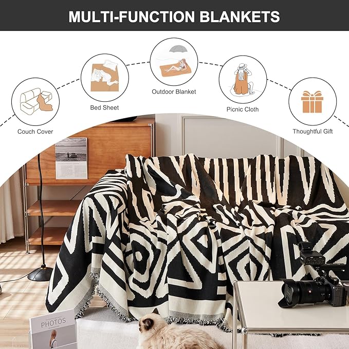 STACYPIK Modern Boho Sofa Cover for Dogs Chenille Couch Cover with Tassels Reversible Anti Slip Sofa Slipcover for 3 Cushion Couch Soft Black Beige L Shaped Cover Multi-Use Throw Blankets-71X134IN