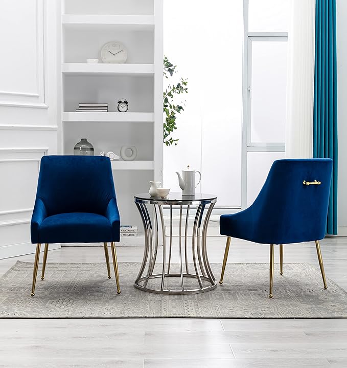 Velvet Dining Chairs, Furniture Collection Modern Contemporary Upholstered with Polished Gold Metal Legs, Set of 4(Blue)