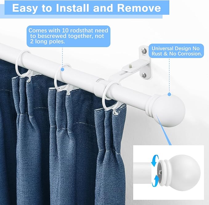 Curtain Rods for Windows 16 to 150 Inches, Curtain Rod Max Adjustable Length of 160 IN, 6/8" Diameter Drapery Rods Round Finials, White, Pack of 1