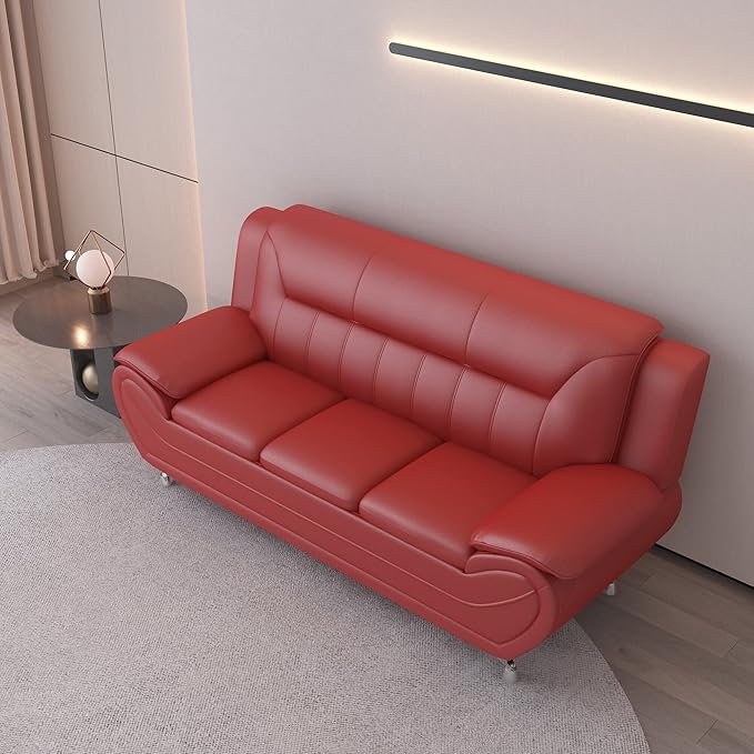 Container Furniture Direct Michael Modern Faux Leather Upholstered Stainless Steel Legs Living Room Sofa, Chair, Red
