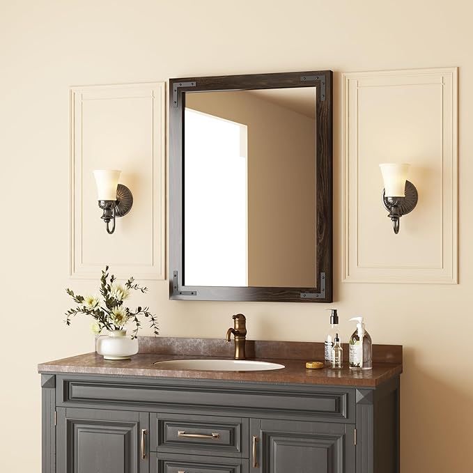 VocalStar Black Wood Framed Mirror 22 x 30 Inch, Rustic Natural Black Wooden Rectangle Bathroom Vanity Wall Mirror for Farmhouse Boho Decor, 1/4-inch Shatterproof Glass | Waterproof
