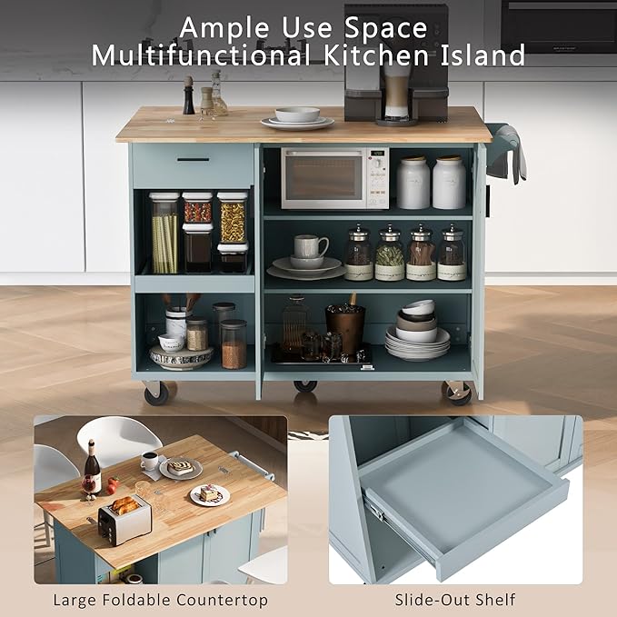 49" Kitchen Island with Foldable Counter Top,Kitchen Storage Cart W/Slide-Out Shelf,Towel Rack and Drawer,Rolling Kitchen Cart on Wheels,for Kitchen,Living Room,Dining Room,Grey Blue