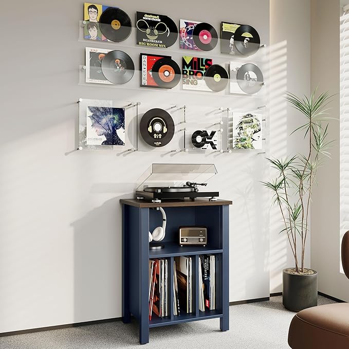 LIDYUK Record Player Stand, Vinyl Record Storage Table End Table with Display Shelf Holds up to 130 Albums, Large Nightstand Wood Turntable Stand Cabinet Side Table for Living Room, Bedroom, Blue