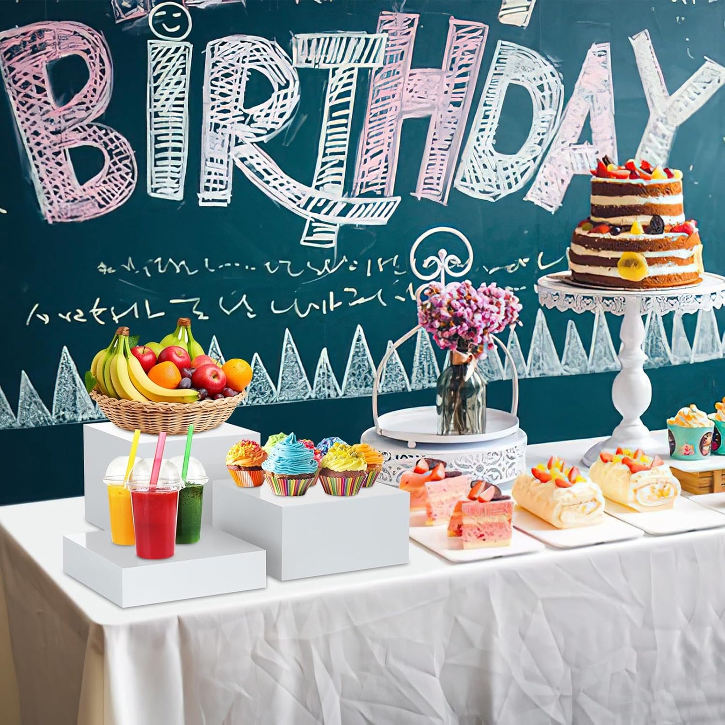 3Pcs White Buffet Risers Acrylic Boxes Display Food Risers for Buffet Table Platter Parties Weddings Catering Dessert Collectibles Figures Show ( 6''x7''x8'')