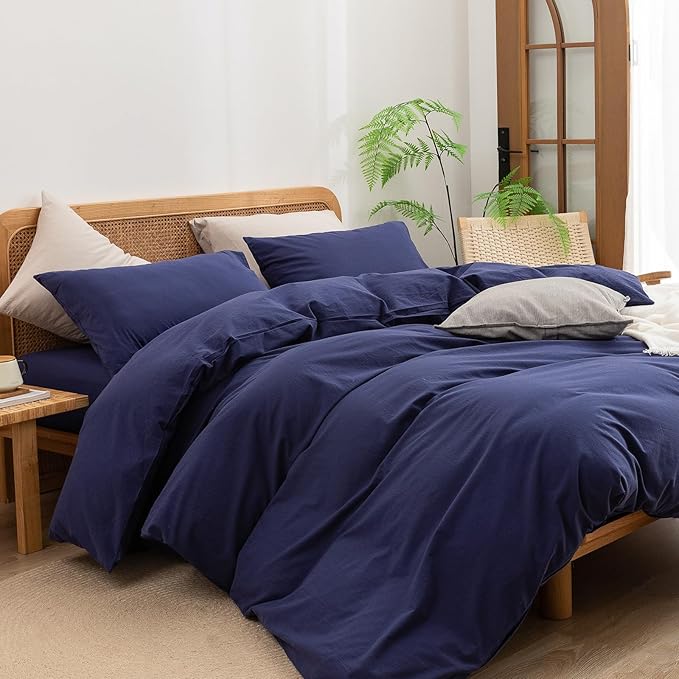 BESTOUCH Duvet Cover Set 100% Washed Cotton Linen Feel Super Soft Comfortable Chic Lightweight 3 PCs Home Bedding Set Solid Navy Blue Queen