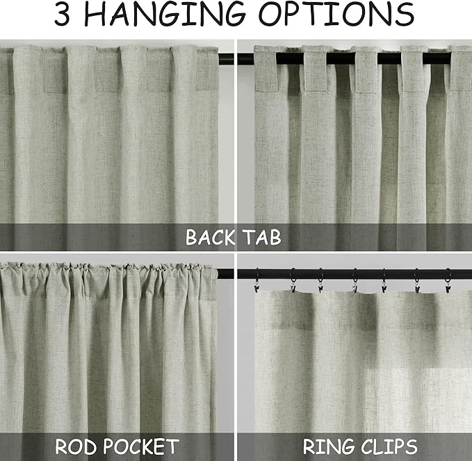 Nanspring Sage Green Linen Curtains 63 Inches Length 2 Panels Set - Image 3