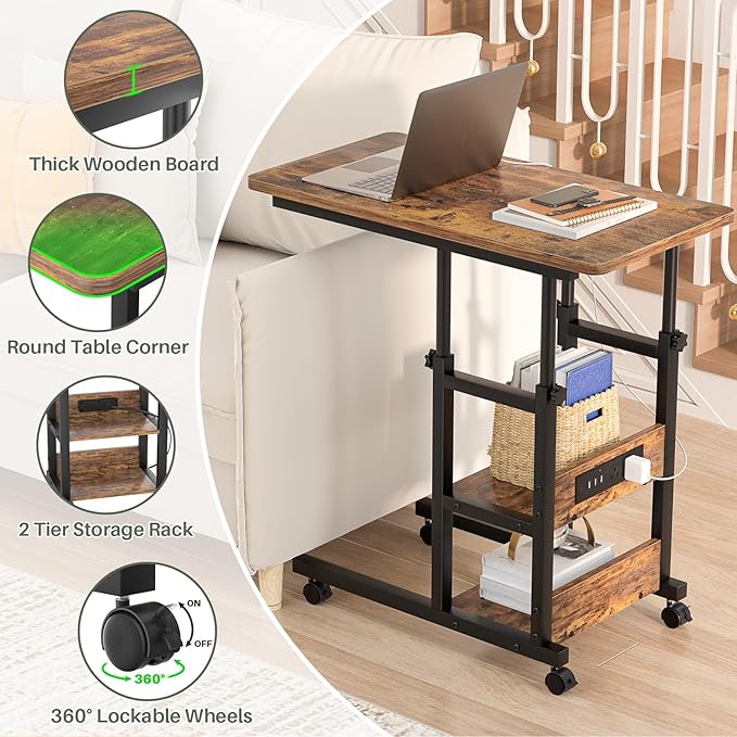 Height Adjustable End Table with Charging Station, Mobile C Shaped Laptop Side Table with Wheels, 3-Tier Sofa Couch Table with Storage Shelve for Living Room Bedroom, Rustic Brown