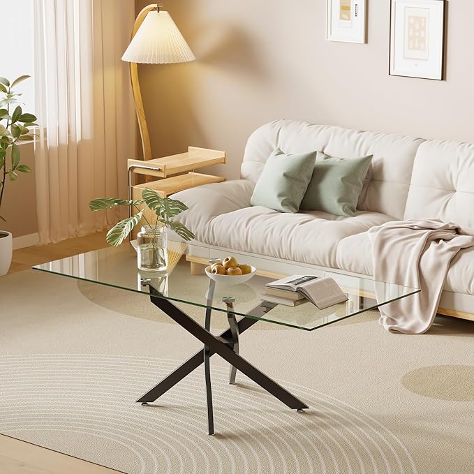 Tempered Glass Coffee Table with Metal Legs, Rectangle Modern Living Room Table for Home Office Living Room (Black, 47.3”x23.6”x18”)