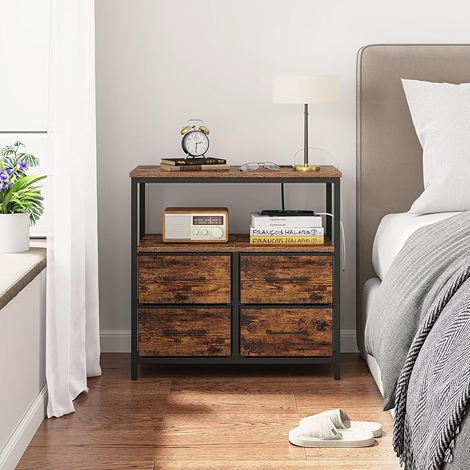 TUTOTAK Large Night Stand with Charging Station, Nightstand with USB and Type-C Port, Bedside Table with Cloth Drawers, End Table for Livingroom, Bedroom, Brown TB01BB081
