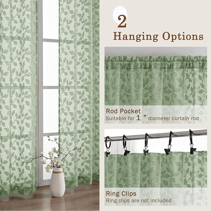Chyhomenyc Sage Green Sheer Curtains 63 Inch Length 2 Panels Set, Light - Image 6