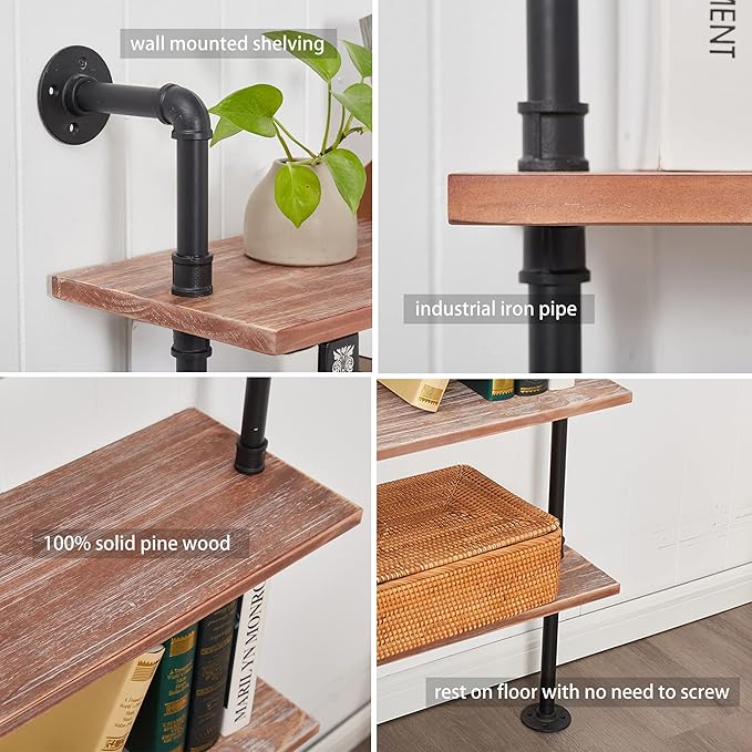Pipe Industrial Shelves, Wall Mounted Wood Metal Ladder Rustic Bookshelf (Weathered Brown, 6 Tier - 10" D x 30" W x 82.5" H)