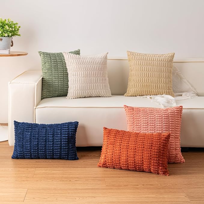 Pack of 2 Corduroy Decorative Throw Pillow Covers 16x16 Inch Soft Striped - Image 4