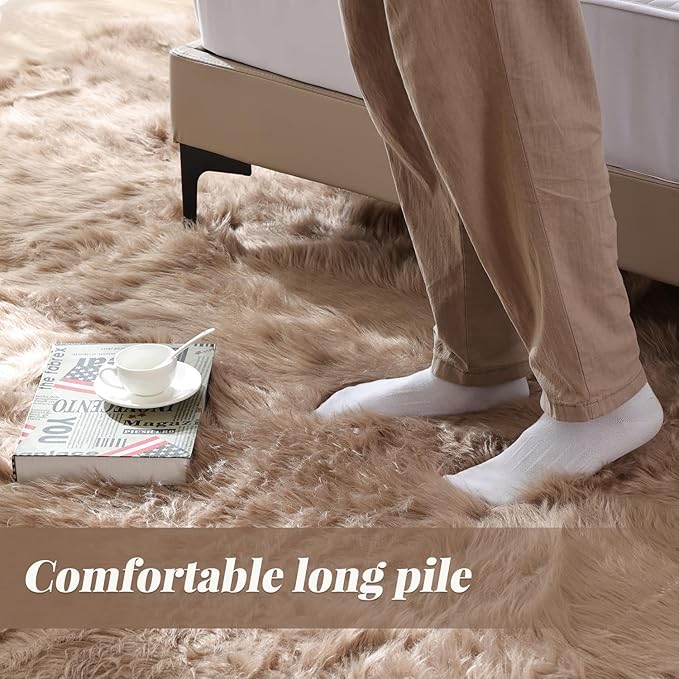 ORINOVA Beige Round Rugs 6ft Fuzzy Faux Sheepskin Washable Fluffy Fur Area Rugs - Image 9
