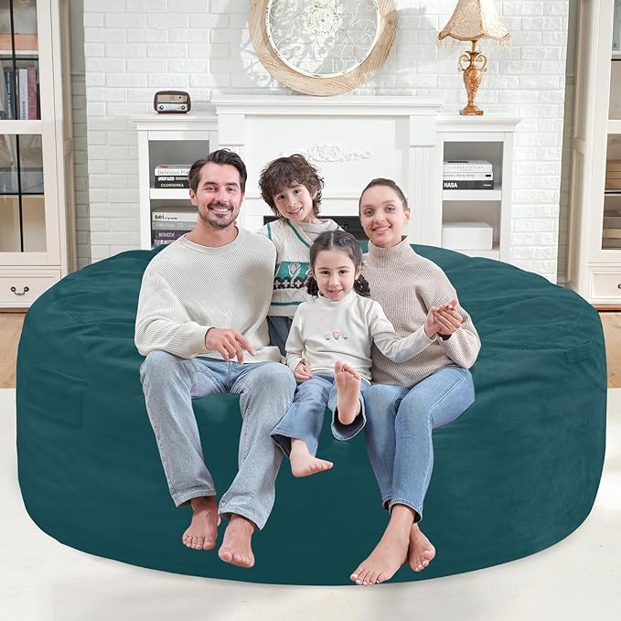 6FT Bean Bag Chair, Large Bean Bag Chairs with Memory Foam Filled, Fluffy Beanbag Sofa with Dutch Velvet Cover, Round BeanBag Chairs for Living Room, Playroom - Sea Blue