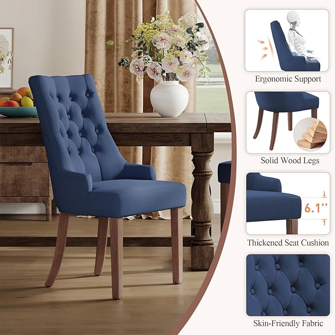 COLAMY Wingback Upholstered Dining Chairs Set of 2, Fabric Dining Room Chairs with Tufted Button, Living Room Chairs for Home Kitchen, Blue