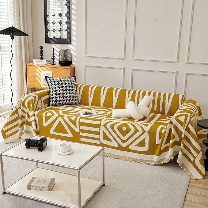 STACYPIK Mustard Yellow Boho Sofa Cover Couch Cover Reversible Jacquard Furniture Protector for 3 Cushion Couch L Shaped Sofa Slipcover Non-Silp Sofa Cushion Covers for Sectional with Tassels-91X134IN