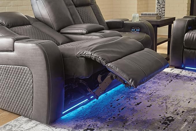 Signature Design by Ashley Fyne-Dyme Contemporary Power Reclining Loveseat with Console, USB Charging Ports and Adjustable Headrest, Gray