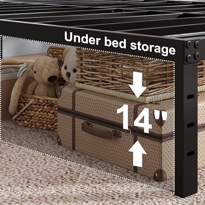 16 Inch Cal King Bed Frame with White Skirt Cover, Metal California King Bed Frames with Storage, No Box Spring Needed, Heavy Duty, Easy Assembly, Noise Free, Mattress Foundation