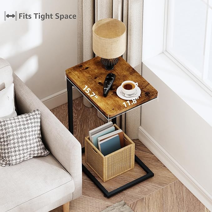 QEEIG C Table Side Table Living Room C Shaped Couch Tray End Table Farmhouse 1 Pack, Rustic Brown (017-30BN-1)