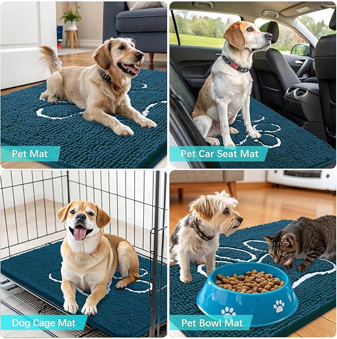 OLANLY Door Mat for Muddy Dog Paws 24x16, Absorbent Chenille Mud Doormat with Paw Print Design, Non-Slip Washable Doormat for Indoor Entryway, Quick-Dry Pet Bed Mats for Dirty Dogs, Atlantic Blue