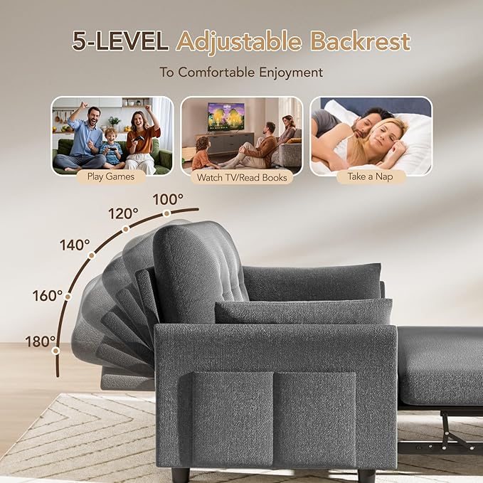 Vipbear 3-in-1 Chenille Convertible Sofa Bed, Pull Out Sleeper Sofa with Reclining Backrest & Side Pocket, Tool-Free Assembly, Folding Loveseat for Living Room, Apartment, Grey