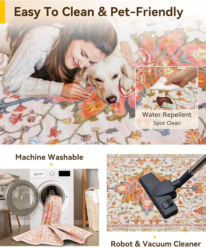 Area Rugs Square 4ft Washable Non-Slip, Floral Vintage Distress Print Pattern - Image 3