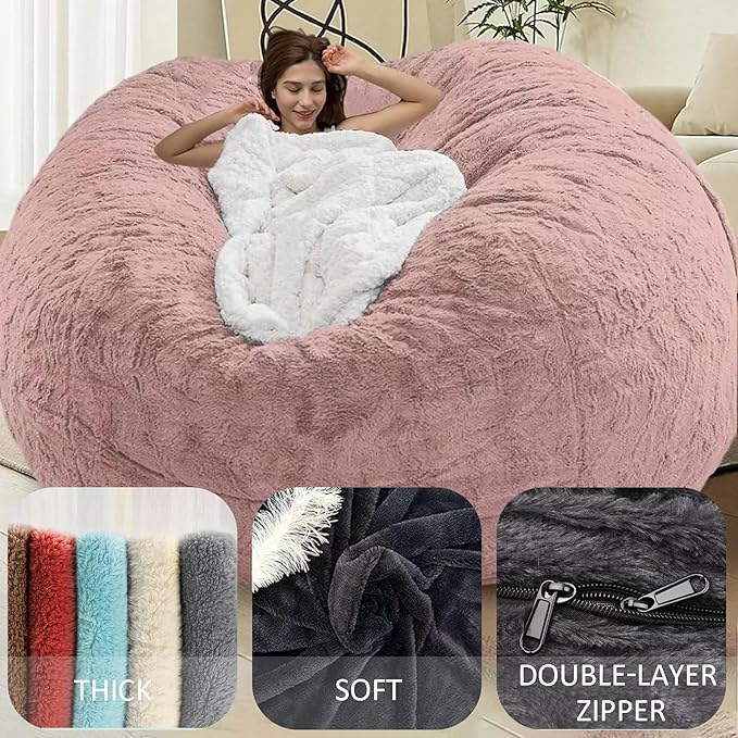 BCU Bean Bag Cover Comfy Beanbag Chair for Adults Without Filler Faux Fur Lazy Sofa Cover for Living Room Chairs, Grey, 3.5FT