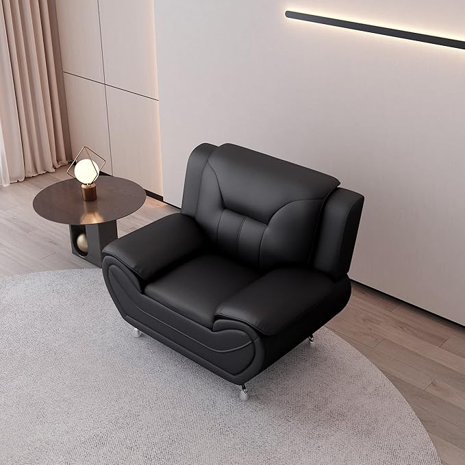Container Furniture Direct Michael Modern Faux Leather Upholstered Stainless Steel Legs Living Room Sofa, Chair, Black