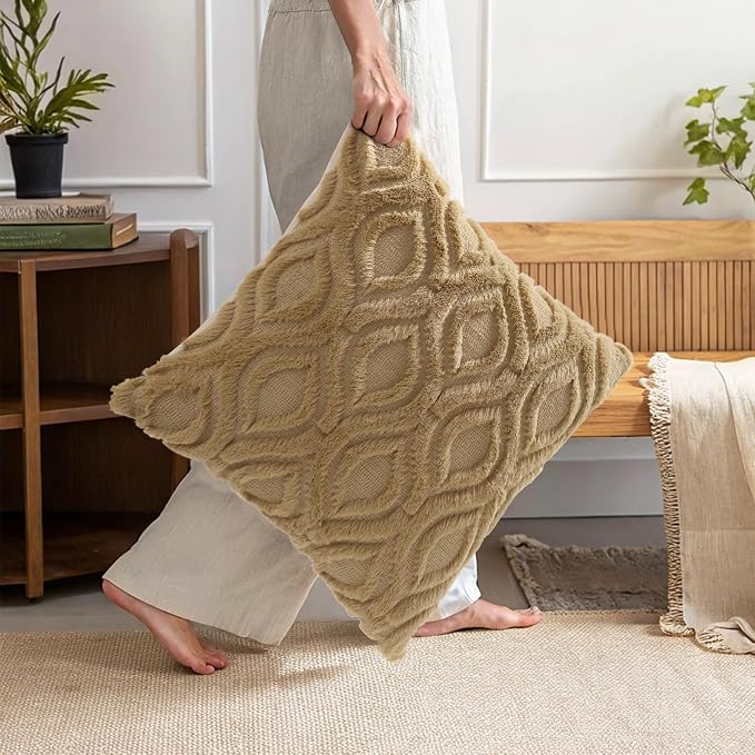 decorUhome Throw Pillow Covers 12x20 Inch Set of 2, Soft Plush Faux Wool Khaki - Image 6