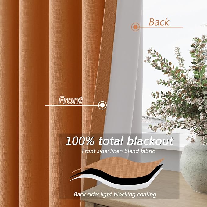 Guken Orange 100% Blackout Linen Curtains 84 Inch Length 2 Panels Set - Image 4