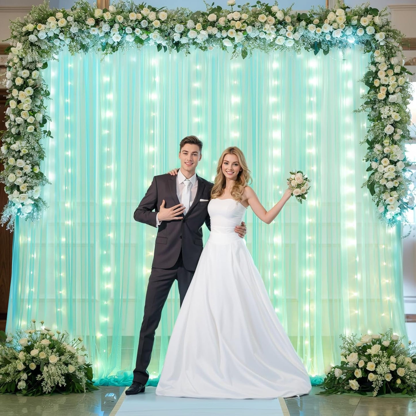 Sage Green Tulle Backdrop Curtains with Lights String for Parites 10x10ft Sheer Backdrop Curtains Drapes for Birthday Party Bridal Shower Baby Shower Christmas Wall Photo Booth Background Decorations