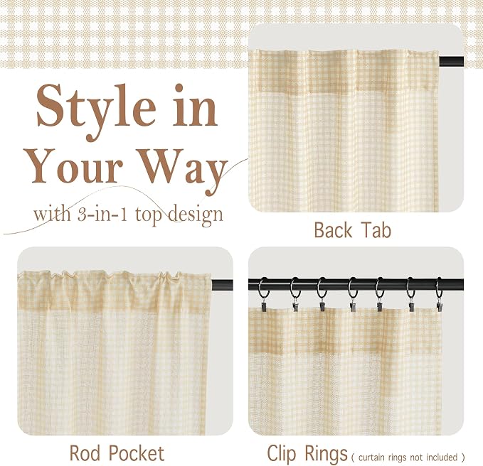 RYB HOME Kithen Curtains Rustic Plaid Cafe Tier, Classic Short Checkered Drapes - Image 2