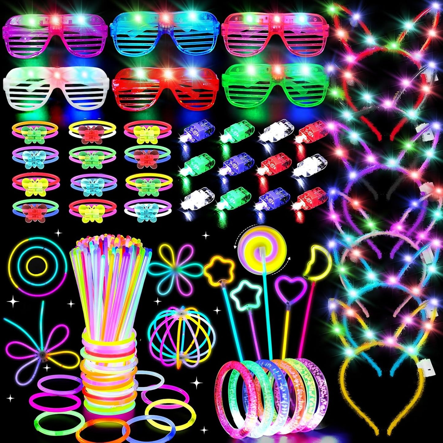 156PCS Glow in The Dark Party Supplies for Kids 8-12, Light Up Glasses Headband Rings Halloween Party Favor Adult, 100 Glow Sticks Bulk Party Pack DIY Necklaces Bracelets Neon Camping Pool Decorations