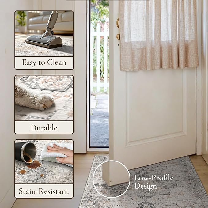 GENIMO 2'6''x14 Runner Rugs for Hallway, Machine Washable Non Slip Vintage Rugs, Low Pile Soft Chenille Print Rug for enrtyway, Corridor, Home Office,Light Taupe Brown